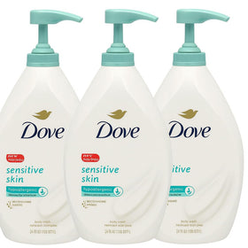 Dove sensitive body wash front pump bottle shows pack and convenient dispensing benefit