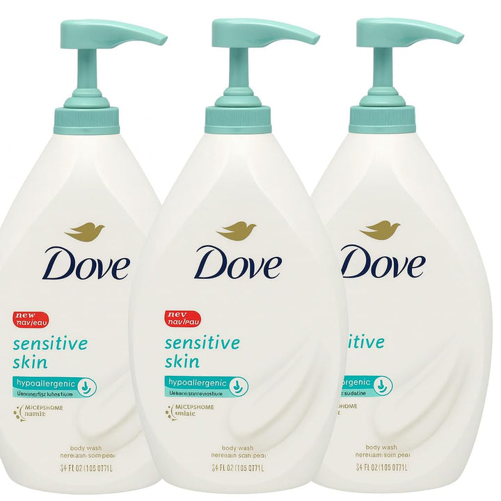 Dove sensitive body wash front pump bottle shows pack and convenient dispensing benefit