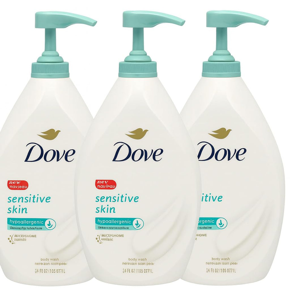 Dove sensitive body wash front pump bottle shows pack and convenient dispensing benefit