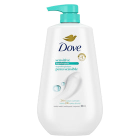 Dove front packaging showing sensitive skin body wash and softening benefit