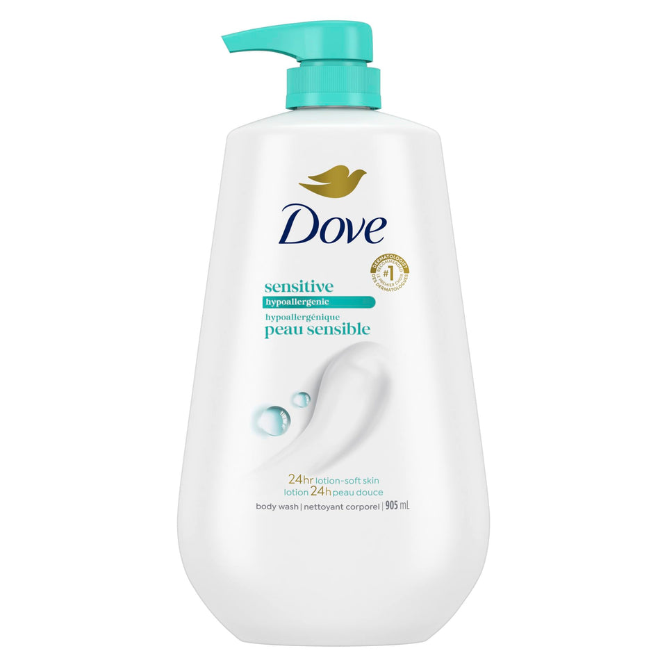 Dove front packaging showing sensitive skin body wash and softening benefit
