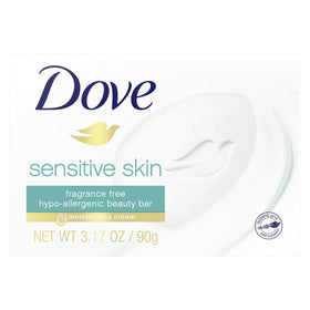 Dove sensitive skin front packaging showing unscented bar and moisturizing benefit