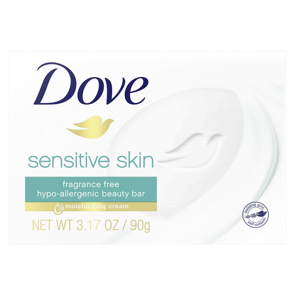 Dove sensitive skin front packaging showing unscented bar and moisturizing benefit