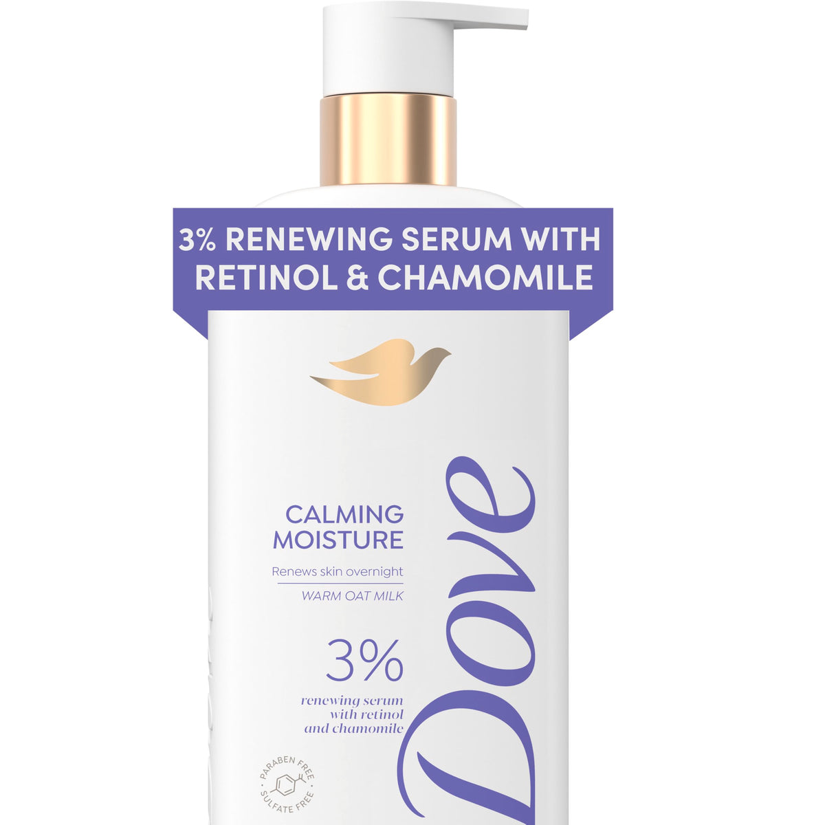 Dove front bottle showing label and calming oat milk scent benefit