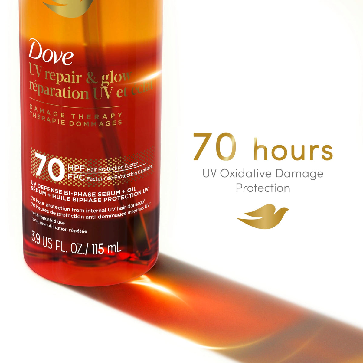 Dove close-up of bi-phase oil and serum layered for quick absorption