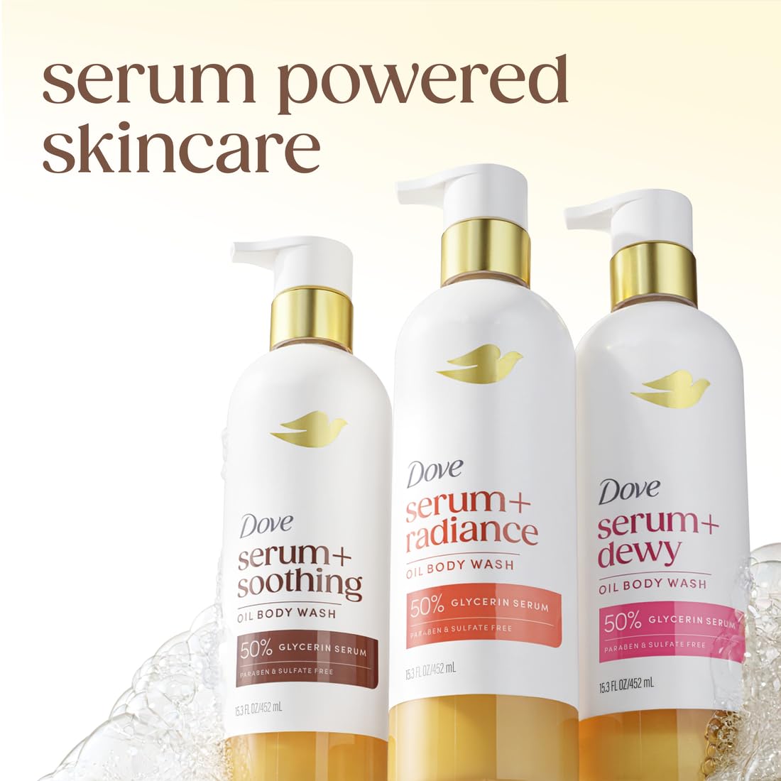 Dove Serum+ close-up texture with oil drops showing nourishing feel