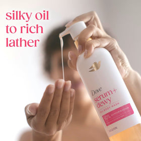Dove Serum+ in-shower use on shoulder demonstrating moisturizing effect