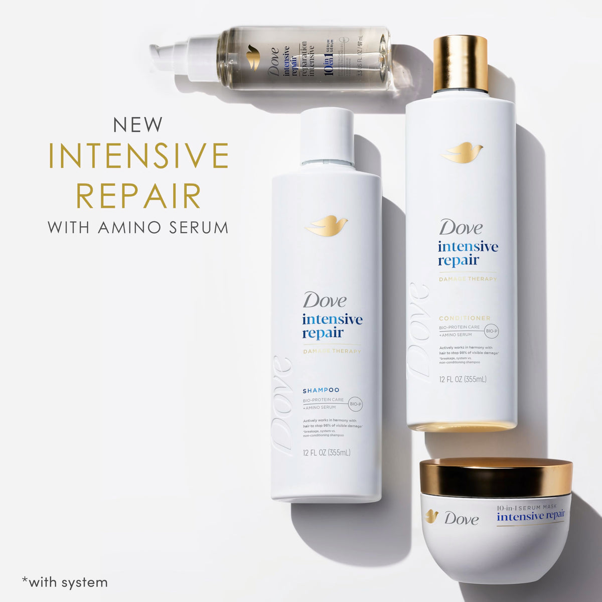 Dove serum beside hairbrush in bathroom lifestyle showing styling-ready benefit