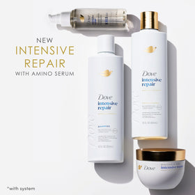 Dove serum beside hairbrush in bathroom lifestyle showing styling-ready benefit