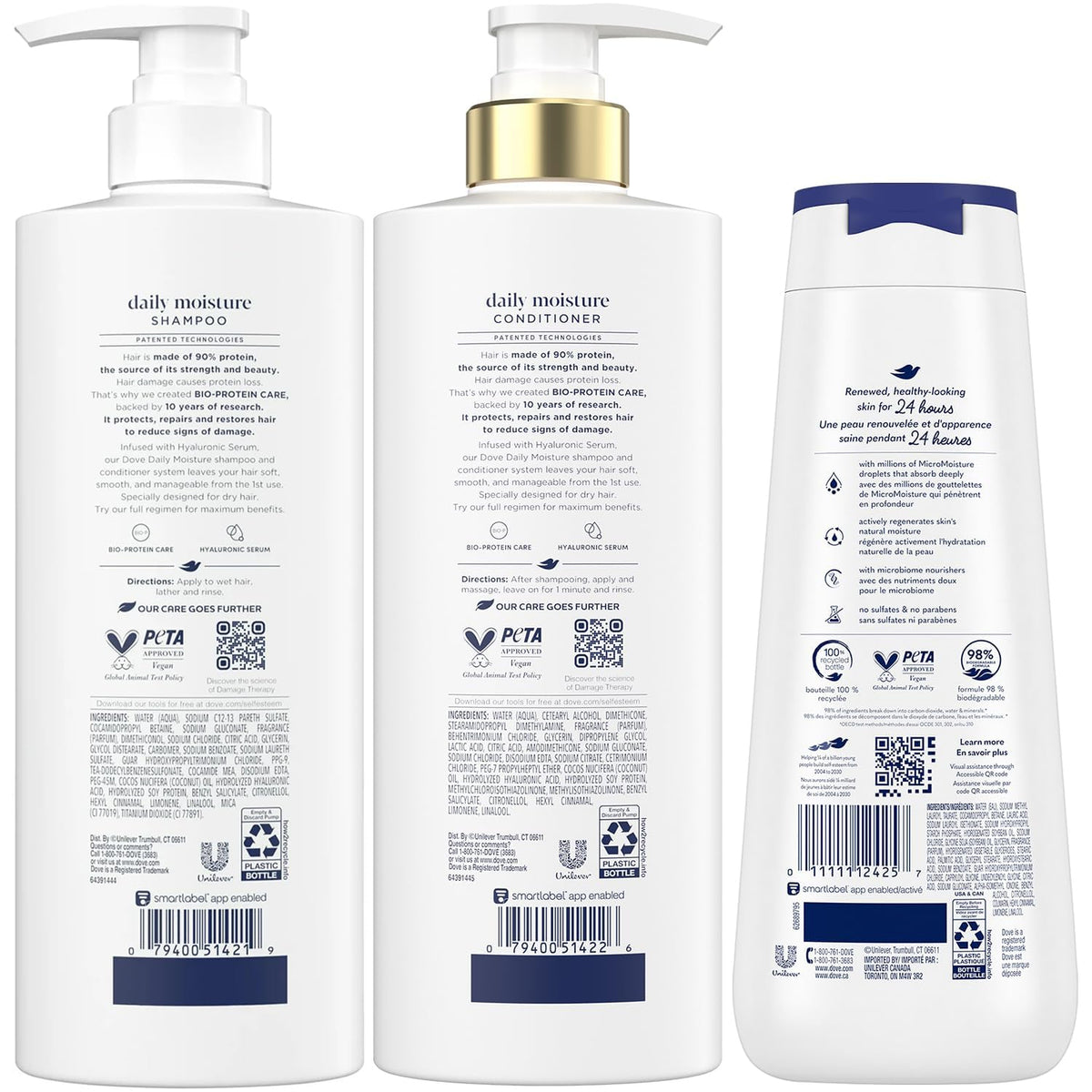Dove shampoo pump close-up highlighting Bio-Protein Care and convenient dispensing