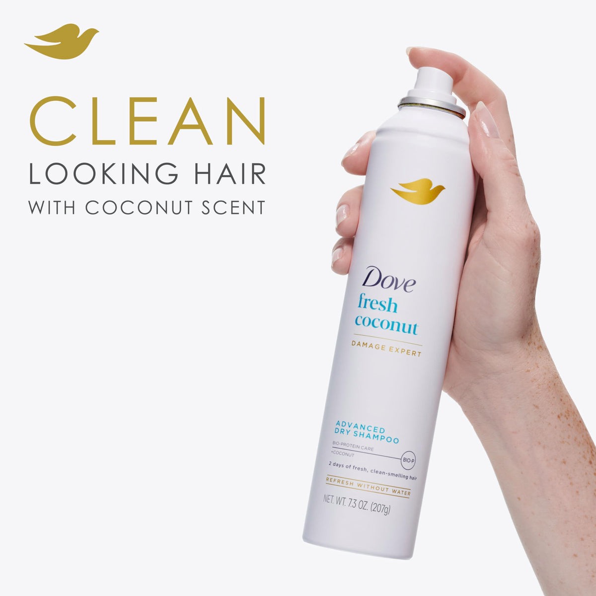 Dove can next to a hand to show 7.3 oz travel-ready convenience benefit