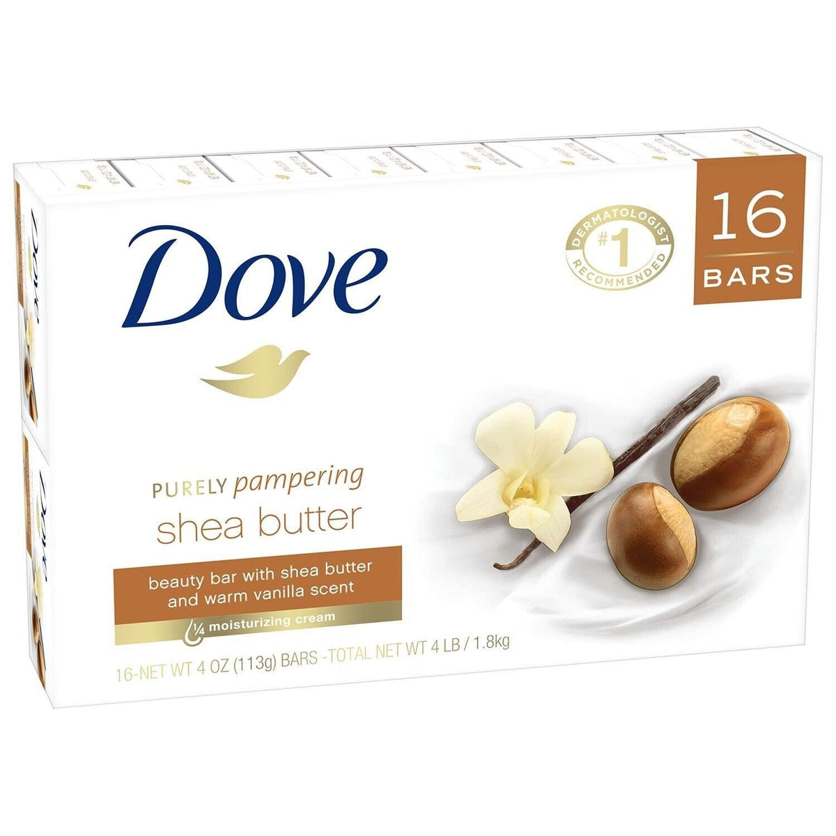 Dove front packaging showing 16 bars and warm vanilla scent for convenient stocking