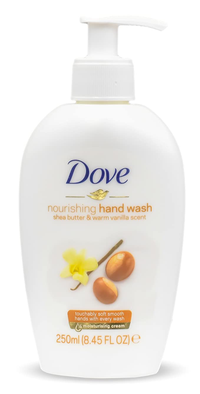 Dove shea butter & warm vanilla in hand showing softening effect after washing