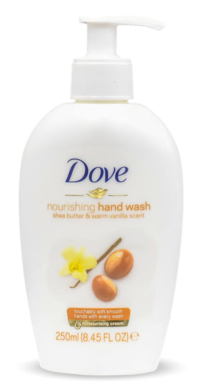 Dove shea butter & warm vanilla in hand showing softening effect after washing