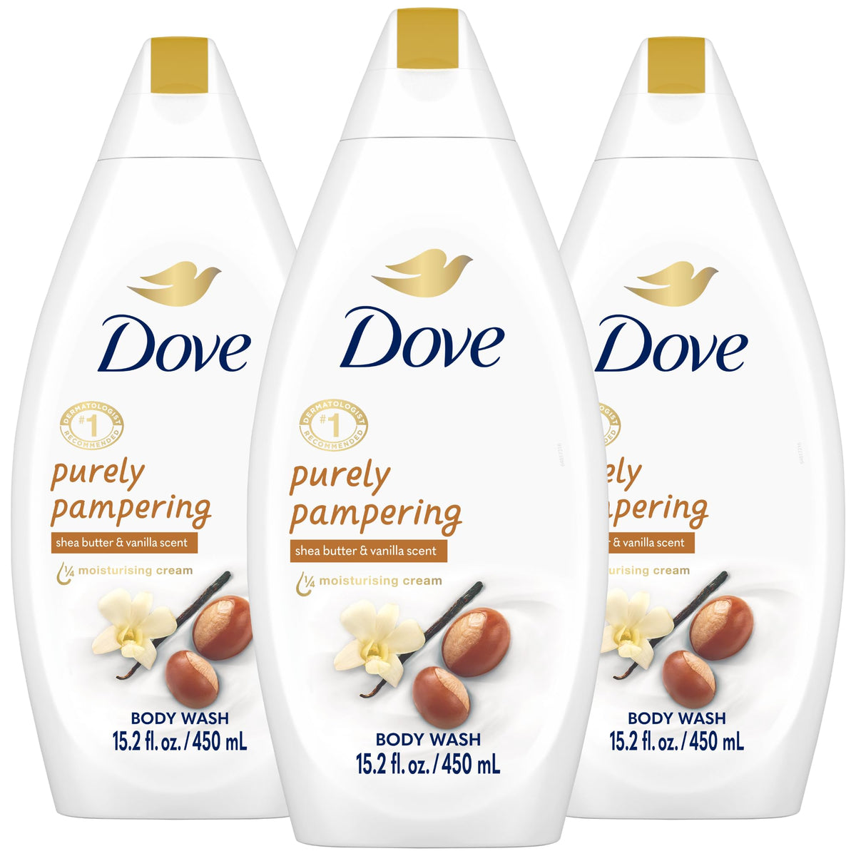 Dove bottle front packaging showing shea butter and warm vanilla benefits