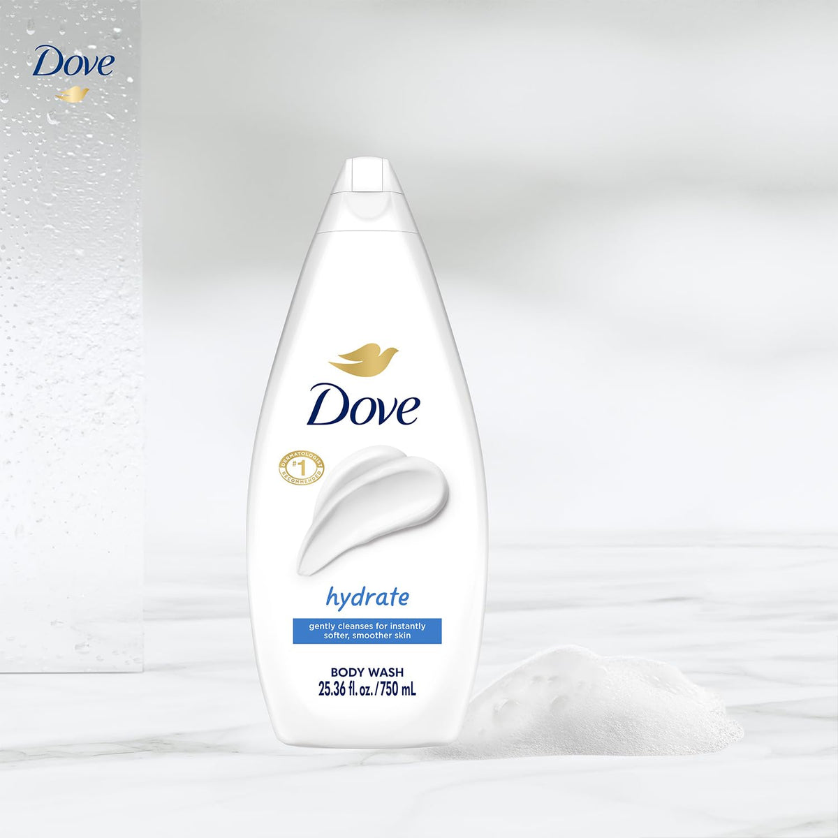 Person using Dove body wash in shower showing soothing cleanse benefit