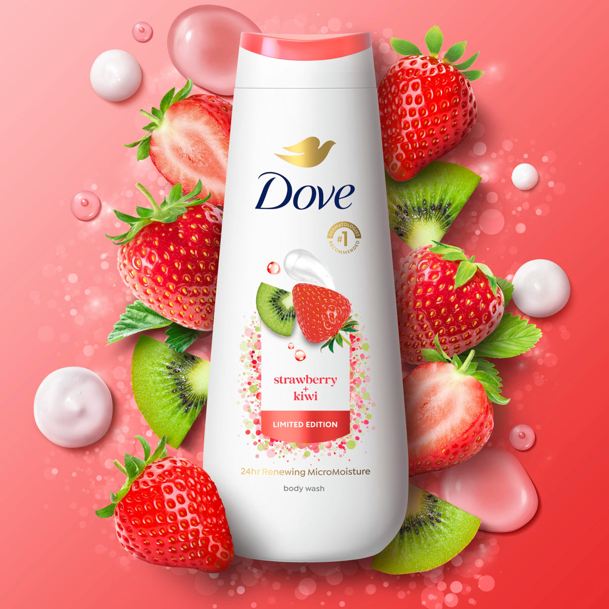 Dove size comparison bottle next to hand showing 20 fl oz scale for long-lasting use