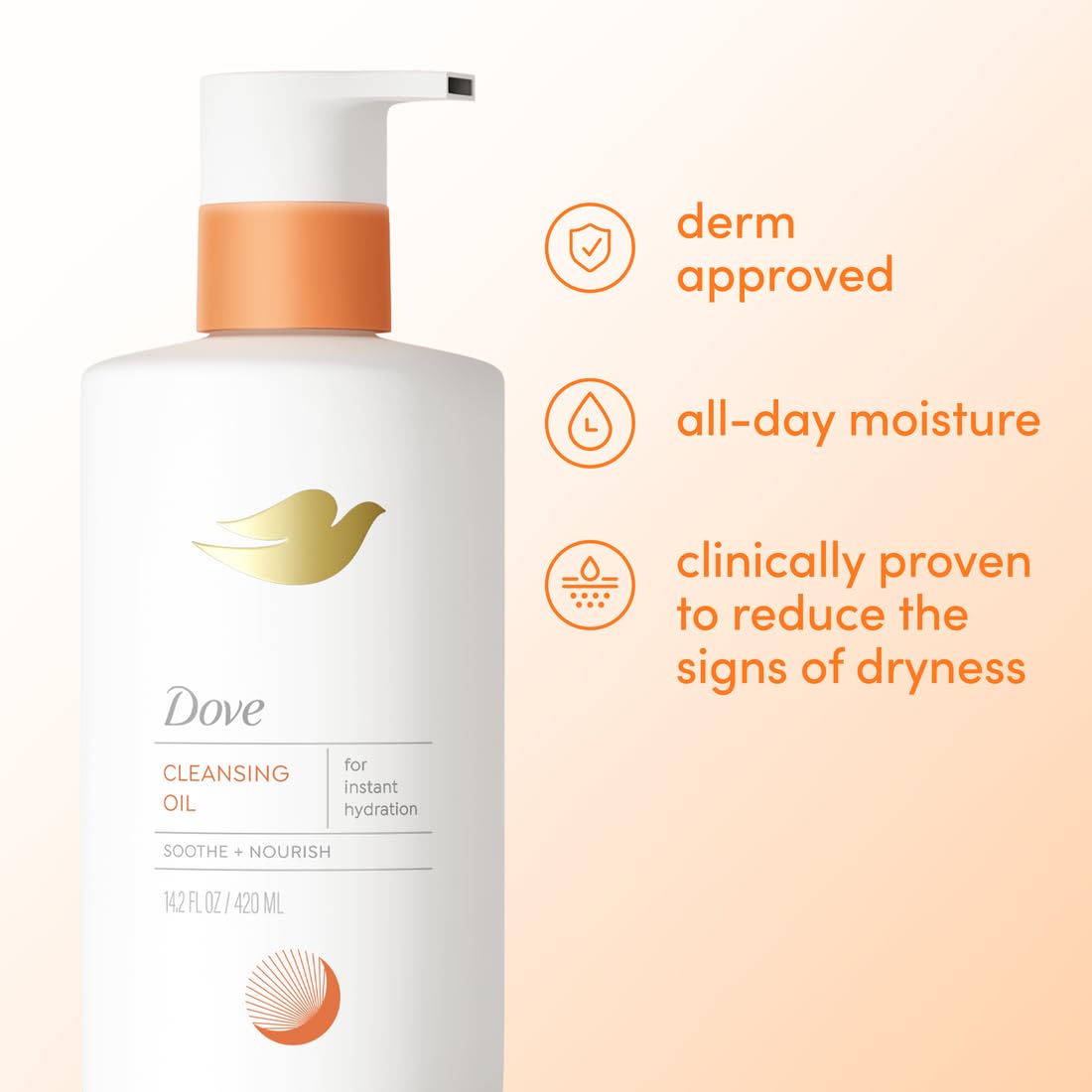 Dove bottle size comparison with hand showing 14.2 oz scale and portability