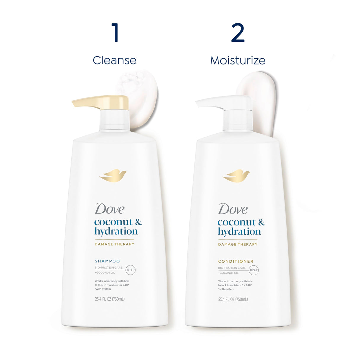 Dove bottle next to hand showing 25.4 oz size and value benefit