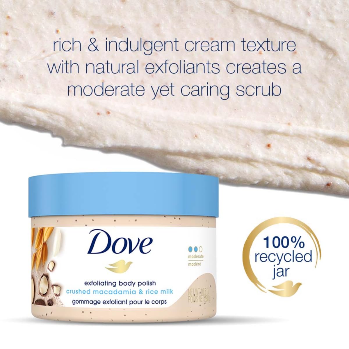 Dove jar next to a hand for size comparison and convenience in shower