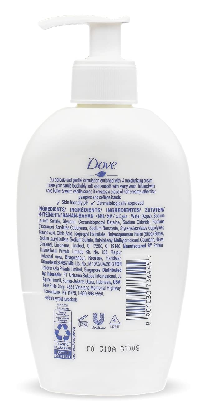 Dove bottle beside hand to show 250ml size and travel-friendly convenience