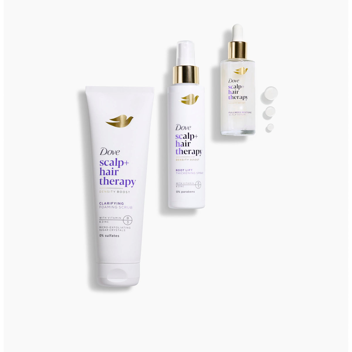 Dove bottle beside hand for scale shows 9 oz size and travel-friendly benefit