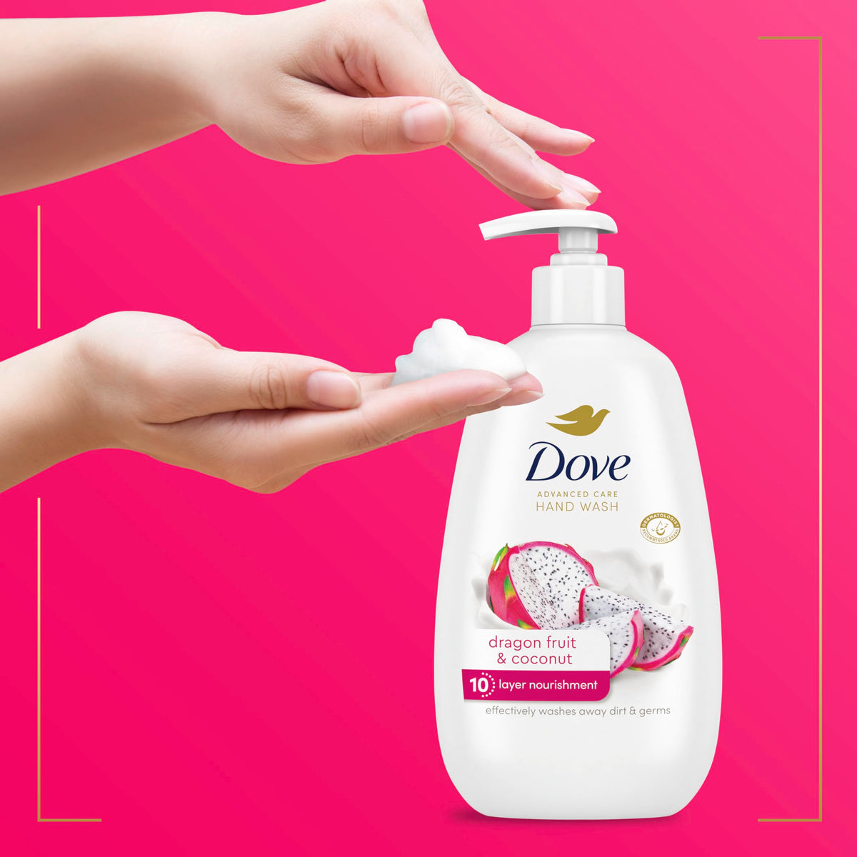 Dove bottle next to a hand for scale showing convenient daily size