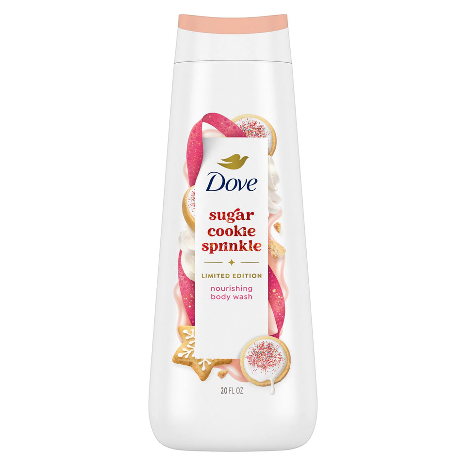 Dove bottle front packaging showing festive sugar cookie scent and benefit of nourishment