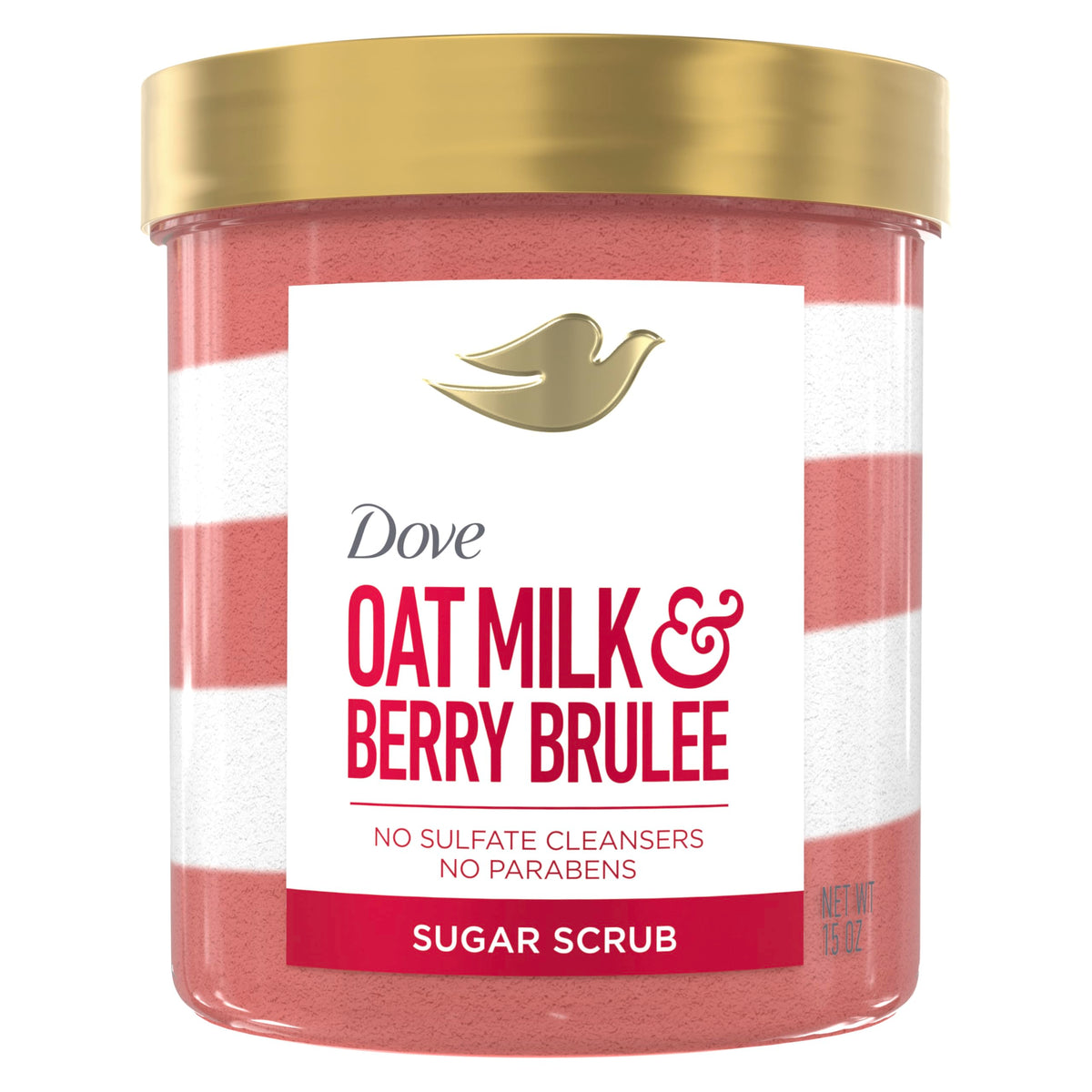 Dove sugar body scrub front jar showing oat milk and berry brûlée scent benefits