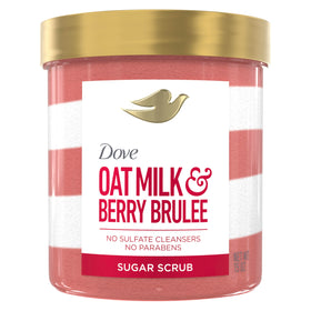 Dove sugar body scrub front jar showing oat milk and berry brûlée scent benefits