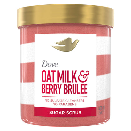Dove sugar body scrub front jar showing oat milk and berry brûlée scent benefits