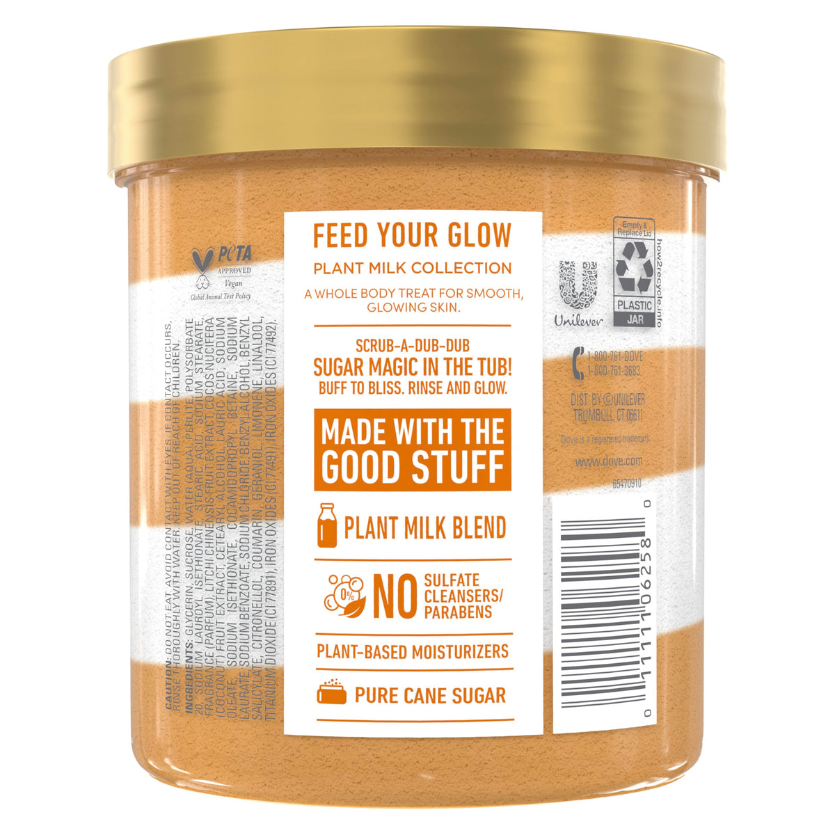 Dove open tub showing creamy sugar scrub texture for visible nourishing hydration