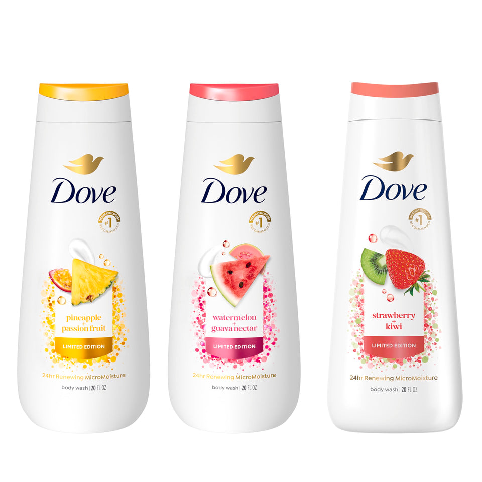 Dove limited edition pack front view showing three bottles and summer design for convenient hydration