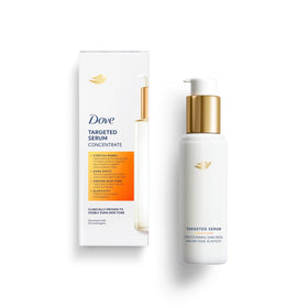 Dove targeted serum front packaging shows product and benefits