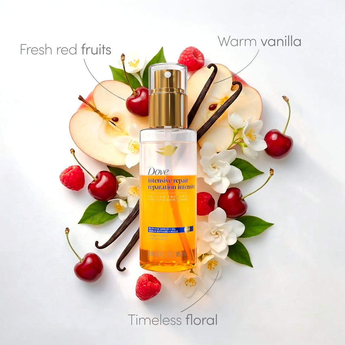 Dove close-up of serum texture highlighting micro-oil droplets for glossy finish