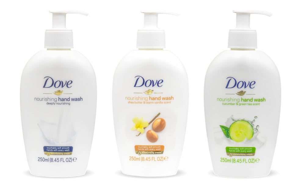 Dove trio front packaging showing three 250ml bottles and clear branding for variety