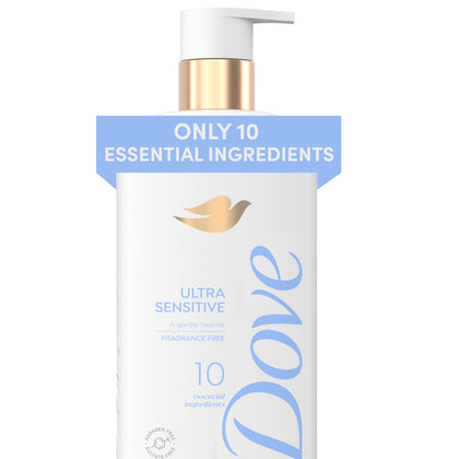 Dove bottle front packaging showing gentle formula and sensitive skin focus