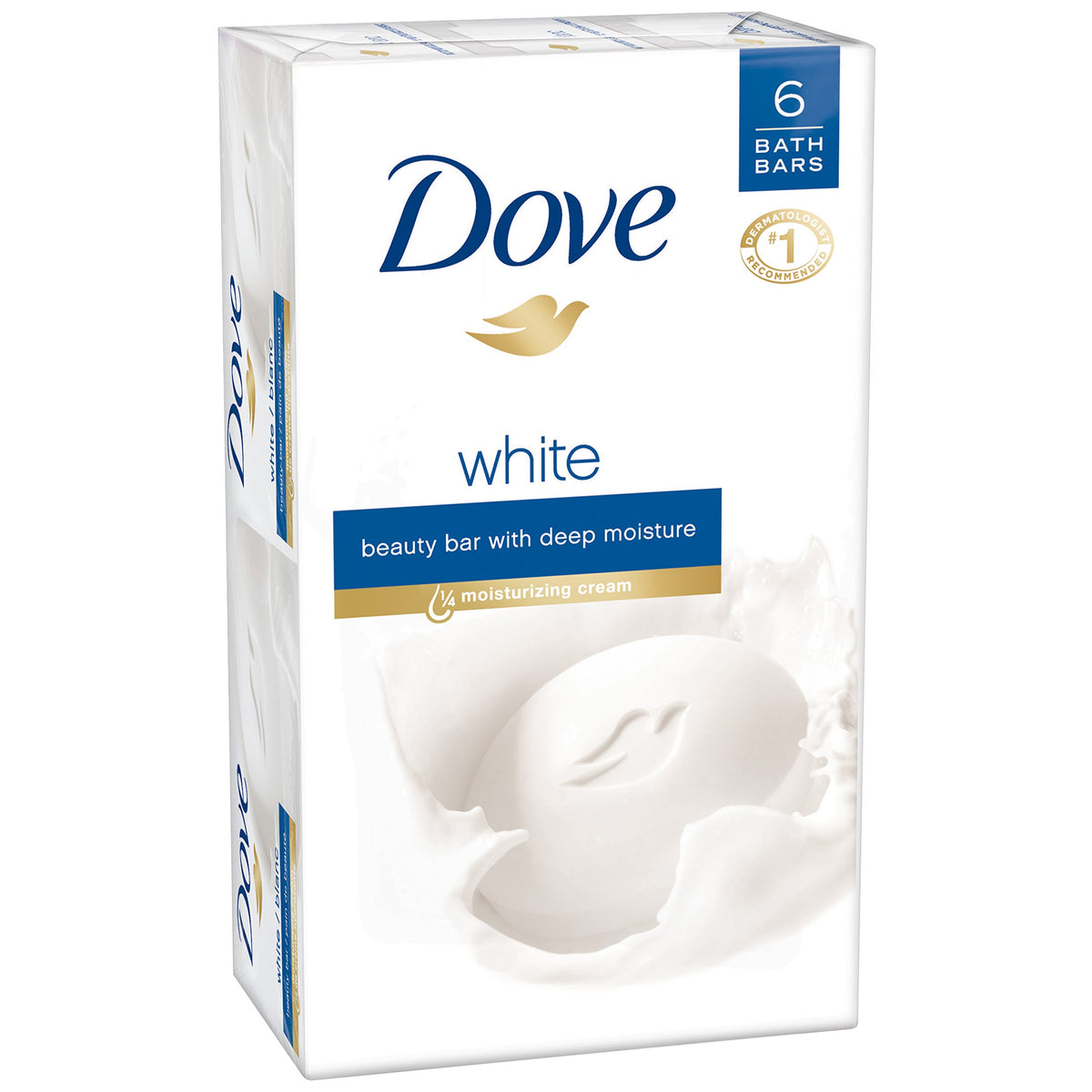 Dove unscented beauty bar front packaging showing six 4 oz bars and moisturizing benefit