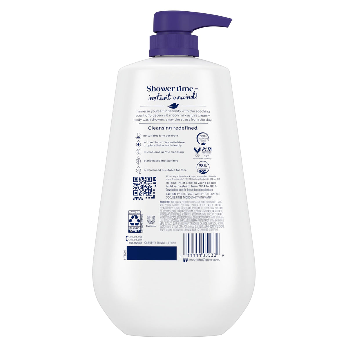 Dove Unwind back label highlighting ingredients and usage benefits