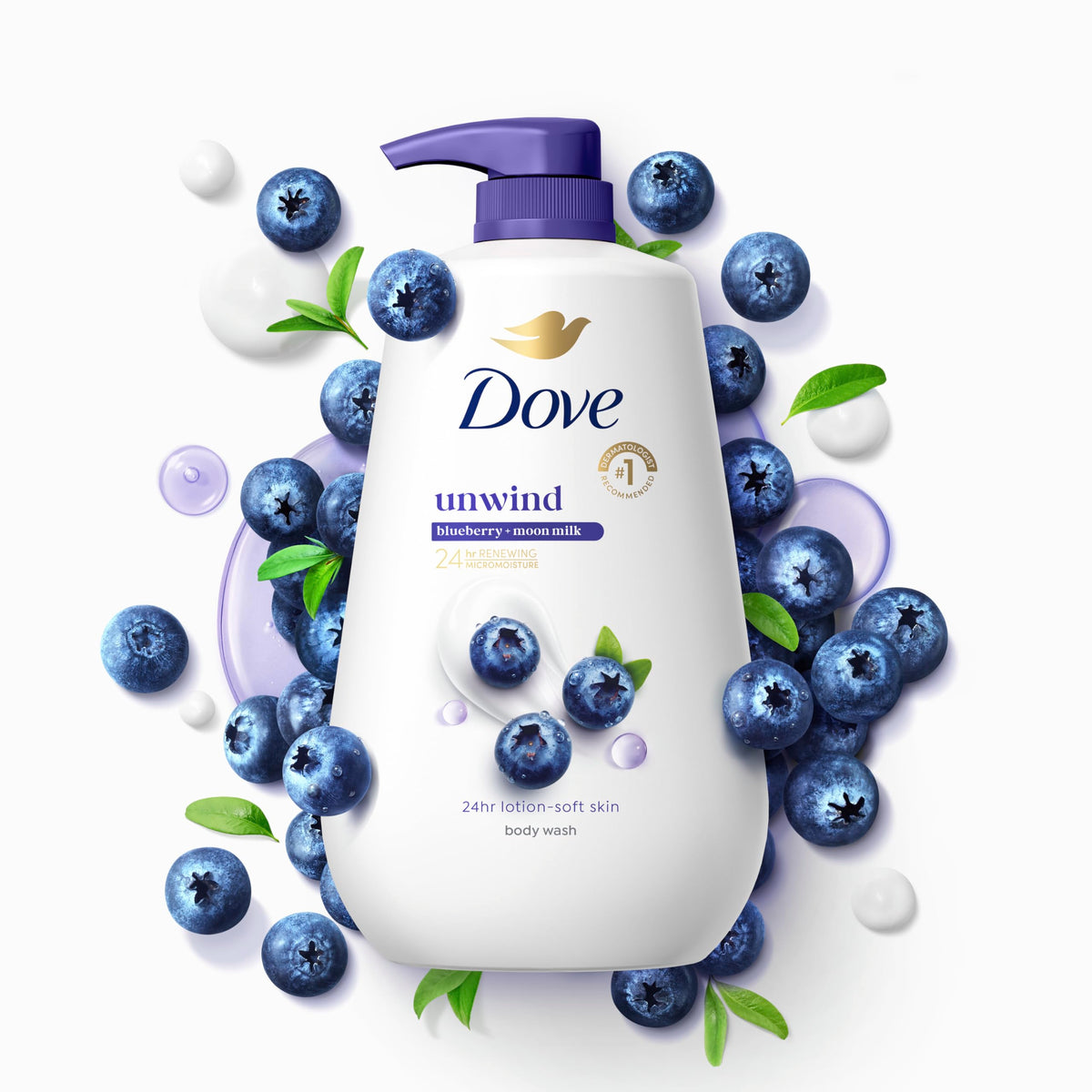 Dove Unwind recycled bottle mark emphasizing eco-friendly packaging