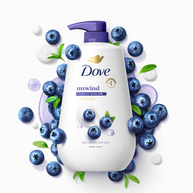 Dove Unwind recycled bottle mark emphasizing eco-friendly packaging