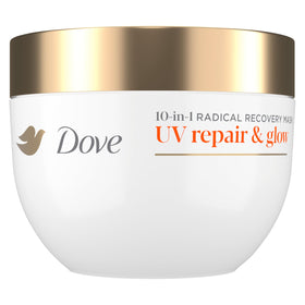 Dove front packaging of UV Repair & Glow mask showing clear benefits