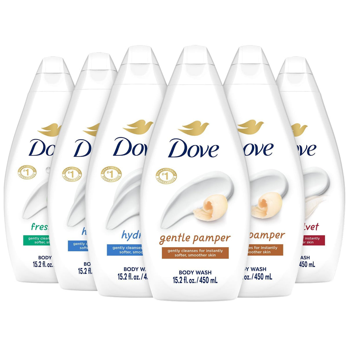 Dove variety pack front packaging showing six bottles and convenience