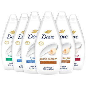 Dove variety pack front packaging showing six bottles and convenience