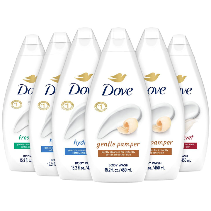 Dove variety pack front packaging showing six bottles and convenience