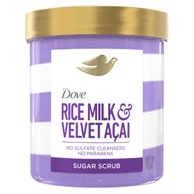 Dove tub front showing Velvet Acai & Rice Milk scent and nourishing benefits