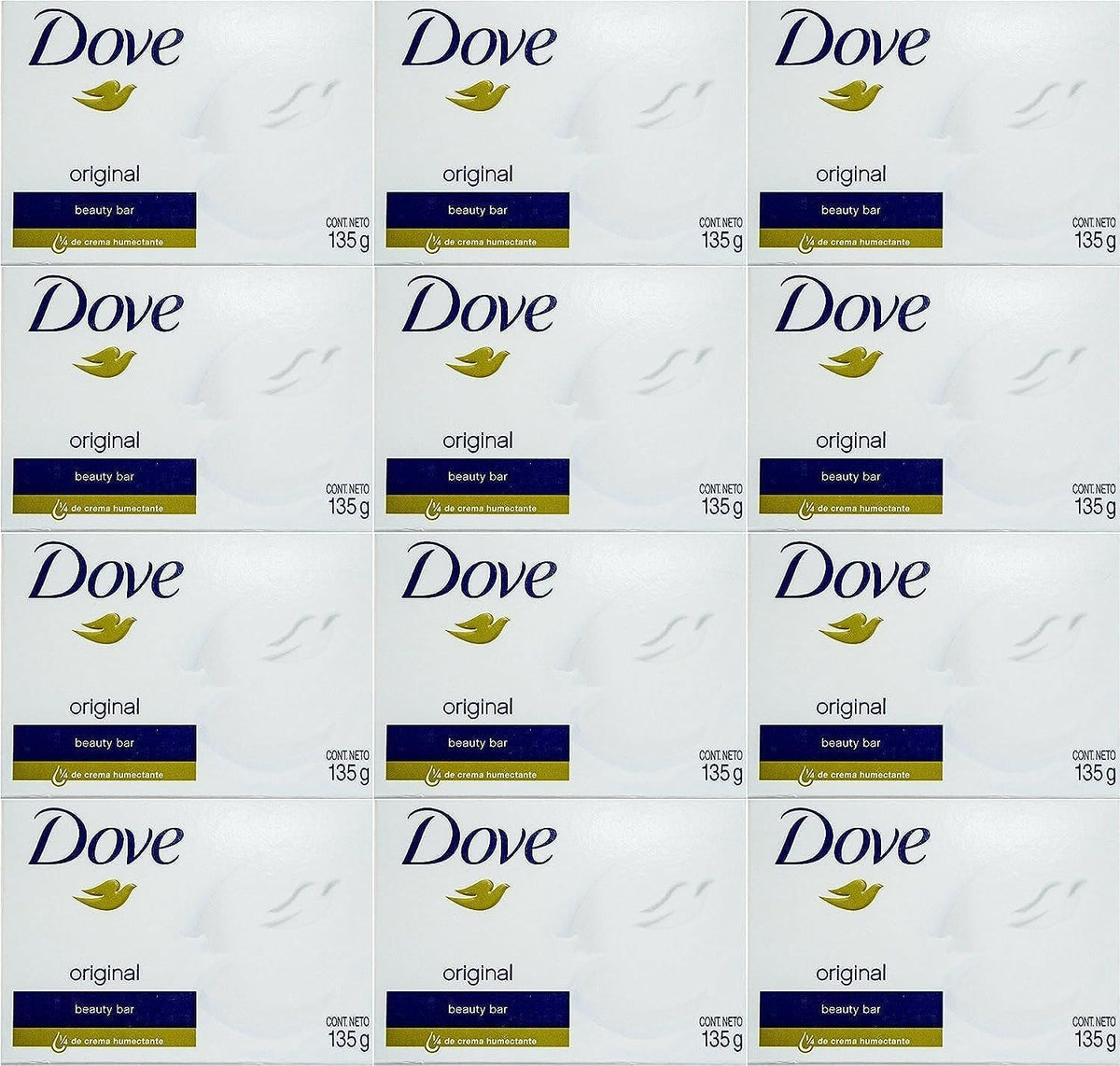 Dove White Cream Bar front packaging showing brand and pack of 12, gentle daily cleanser