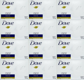 Dove White Cream Bar front packaging showing brand and pack of 12, gentle daily cleanser