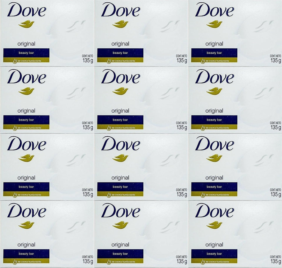 Dove White Cream Bar front packaging showing brand and pack of 12, gentle daily cleanser