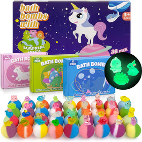 DOVIPE front packaging set showing 36 bath bombs and toys, gift-ready